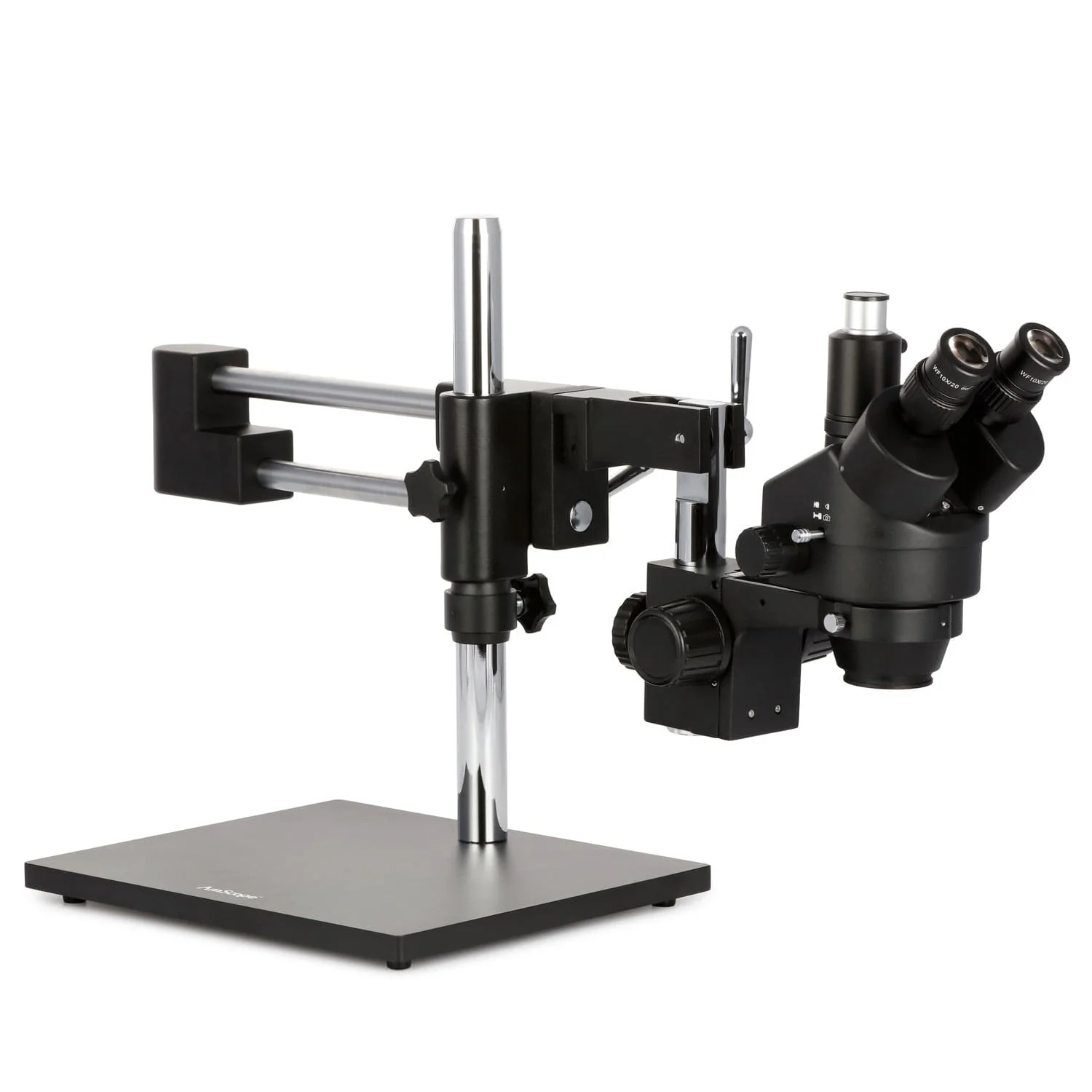 AmScope SM-4 Series Zoom Trinocular Stereo Microscope 7X-90X Magnification on Black Double Arm Boom Stand - Image 3