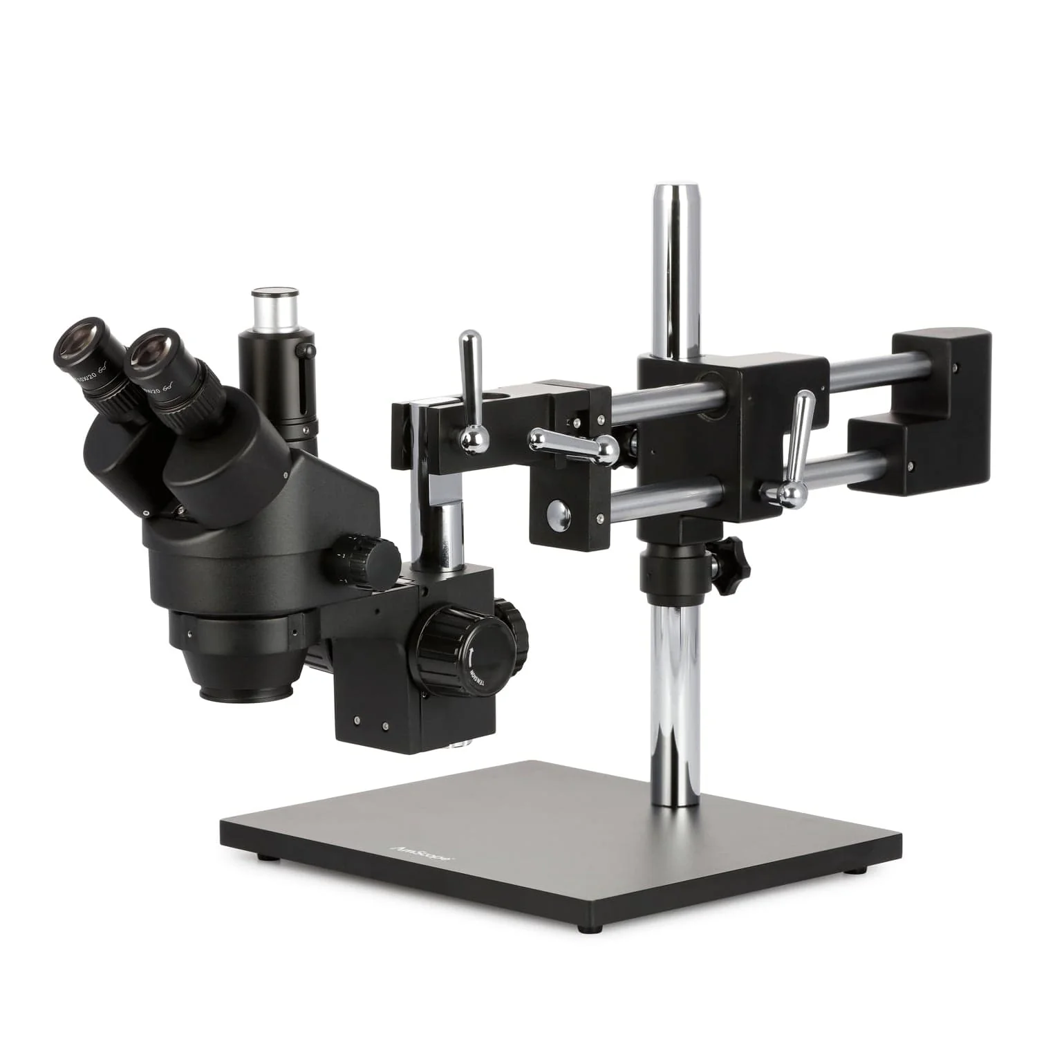 AmScope SM-4 Series Zoom Trinocular Stereo Microscope 7X-135X Magnification on Black Double Arm Boom Stand