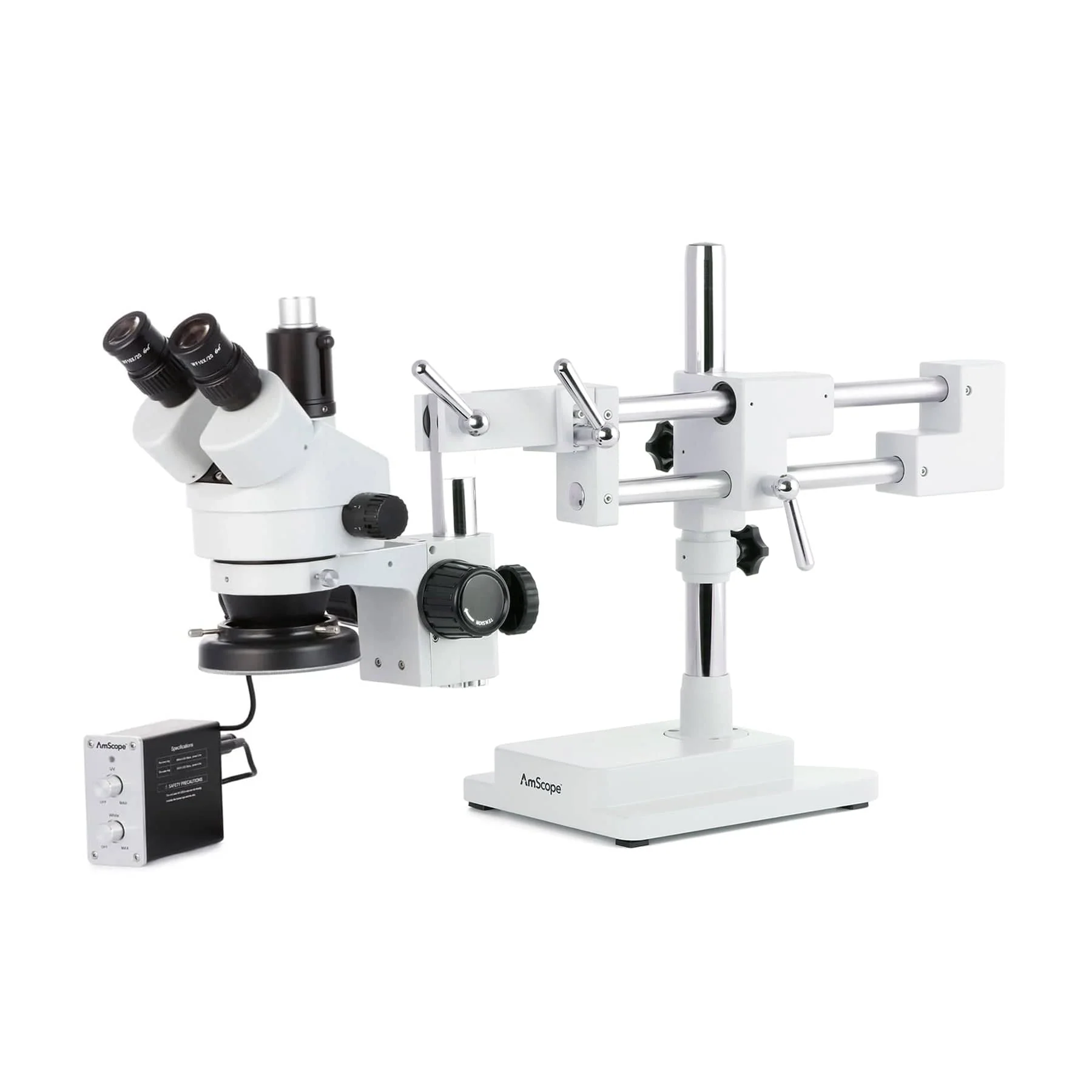AmScope SM-4 Series Circuit Zoom Trinocular Stereo Microscope 3.5X-90X Magnification on Double Arm Boom Stand with White and UV LED Ring Light