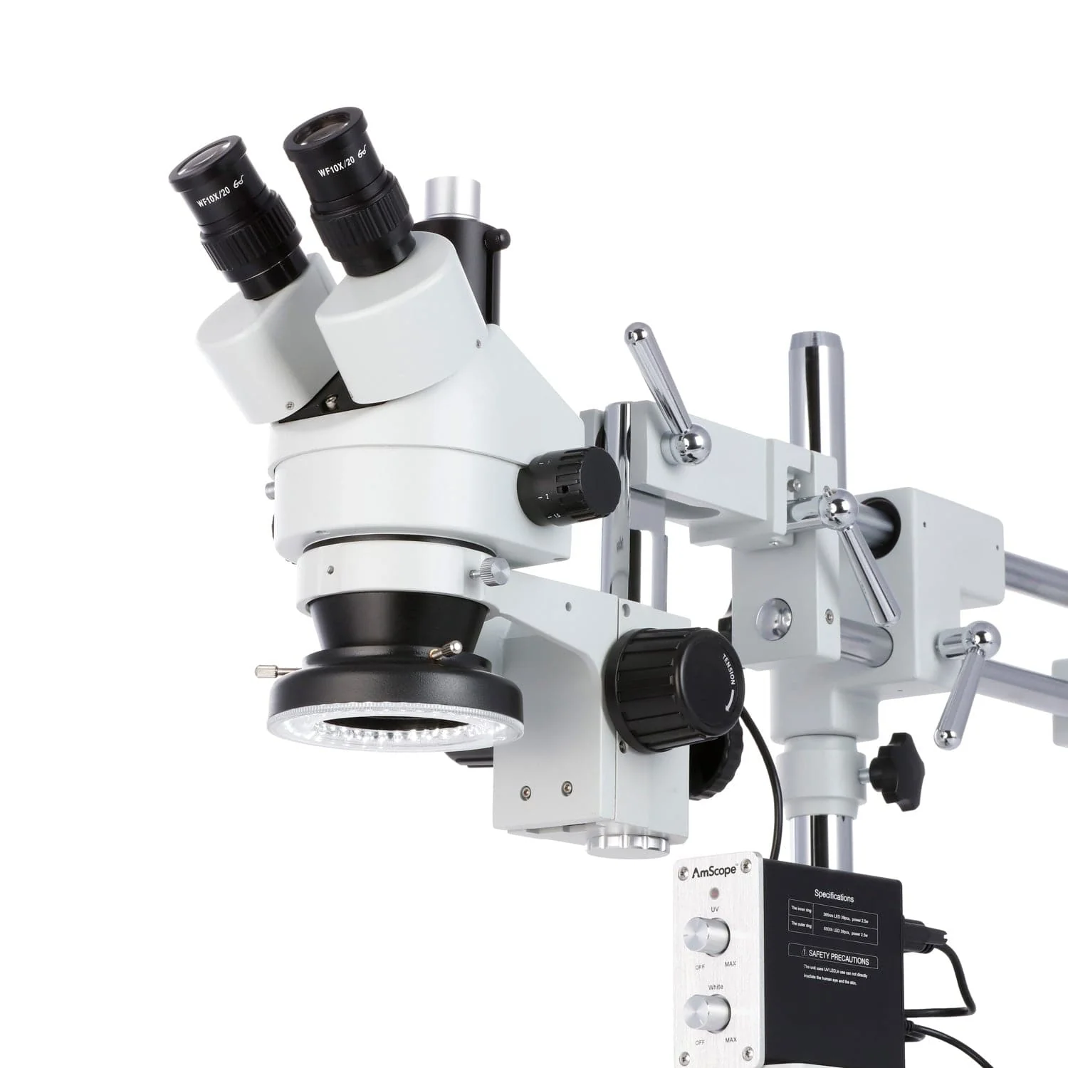 AmScope SM-4 Series Circuit Zoom Trinocular Stereo Microscope 3.5X-90X Magnification on Double Arm Boom Stand with White and UV LED Ring Light - Image 3