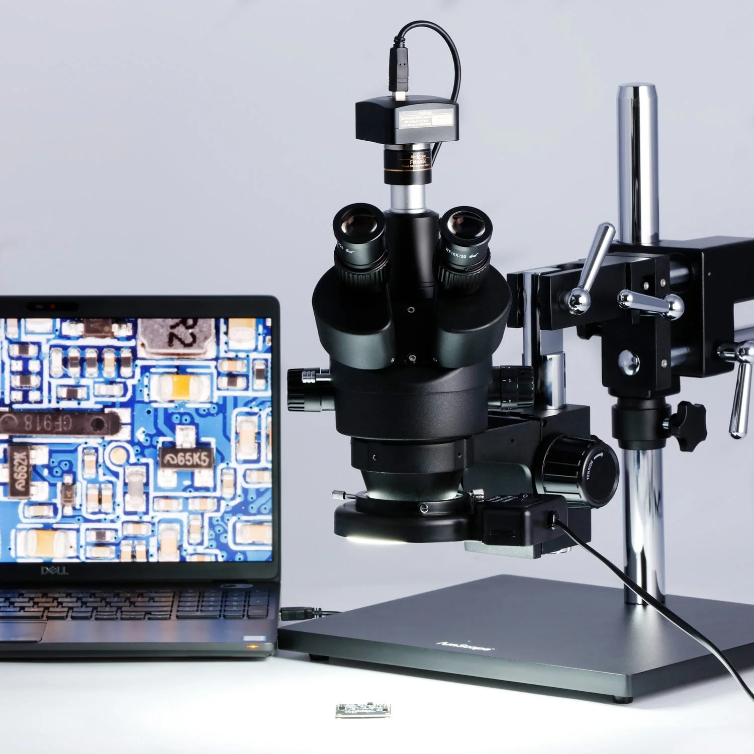 AmScope SM-4 Series Zoom Trinocular Stereo Microscope 3.5X-90X Magnification on Double Arm Boom Stand with 1.3MP USB Camera - Image 5