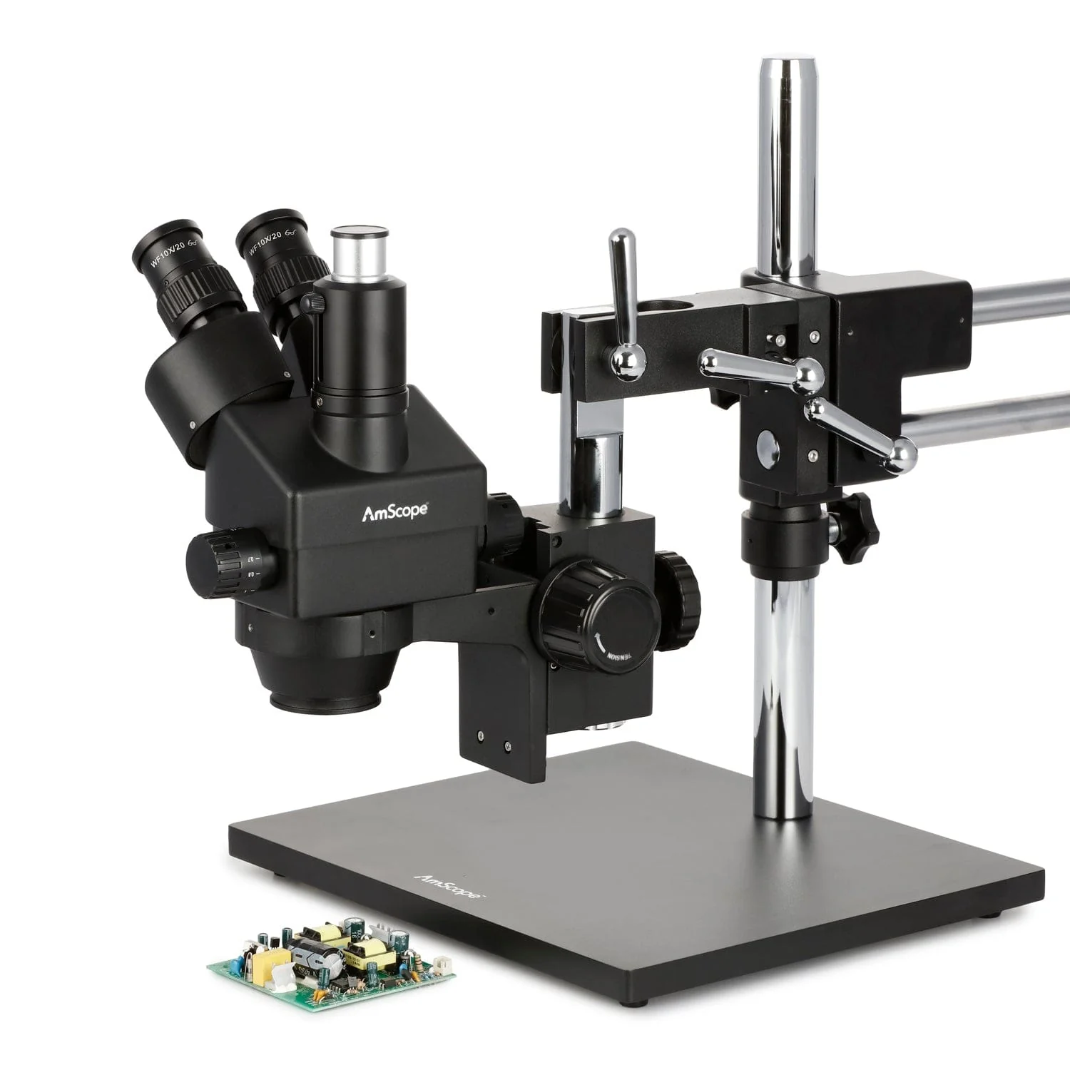 AmScope SM-4T Series Trinocular Zoom Stereo Microscope 3.5X-180X Magnification on Black Double Arm Boom Stand - Image 4