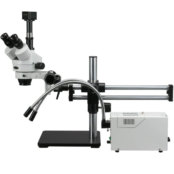AmScope SM-5 Series Trinocular Stereo Microscope 3.5X-180X Magnification on Ball Bearing Boom Stand with 54 LED Fiber Y-Light and 1.3MP Camera