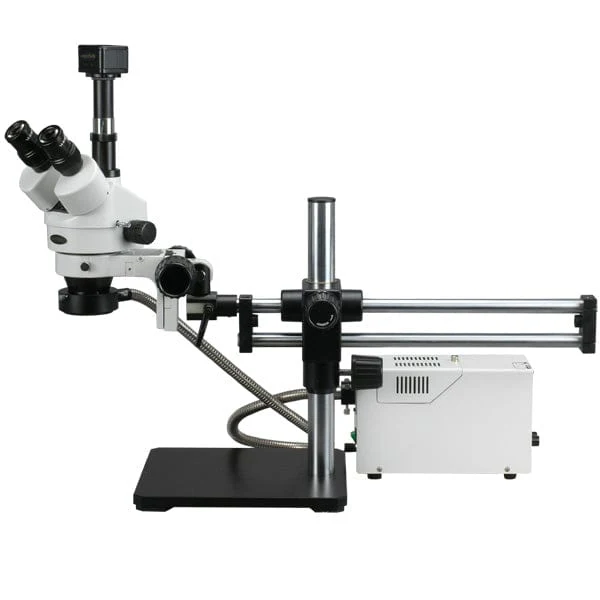 AmScope SM-5 Series Trinocular Stereo Microscope 3.5X-180X Magnification on Ball Bearing Boom Stand with Fiber Optic and 5MP Camera