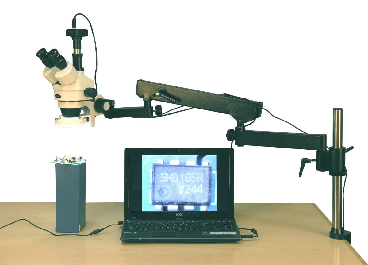 AmScope SM-8 Series Zoom Trinocular Stereo Microscope 3.5X-90X Magnification on Articulating Arm Pillar Clamp with 144-LED and 5MP Digital Camera - Image 11