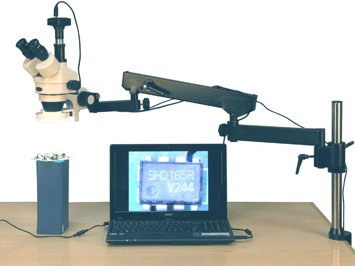 AmScope SM-8 Series Zoom Trinocular Stereo Microscope 3.5X-90X Magnification on Articulating Arm Pillar Clamp with 144-LED and 8MP Digital Camera - Image 11