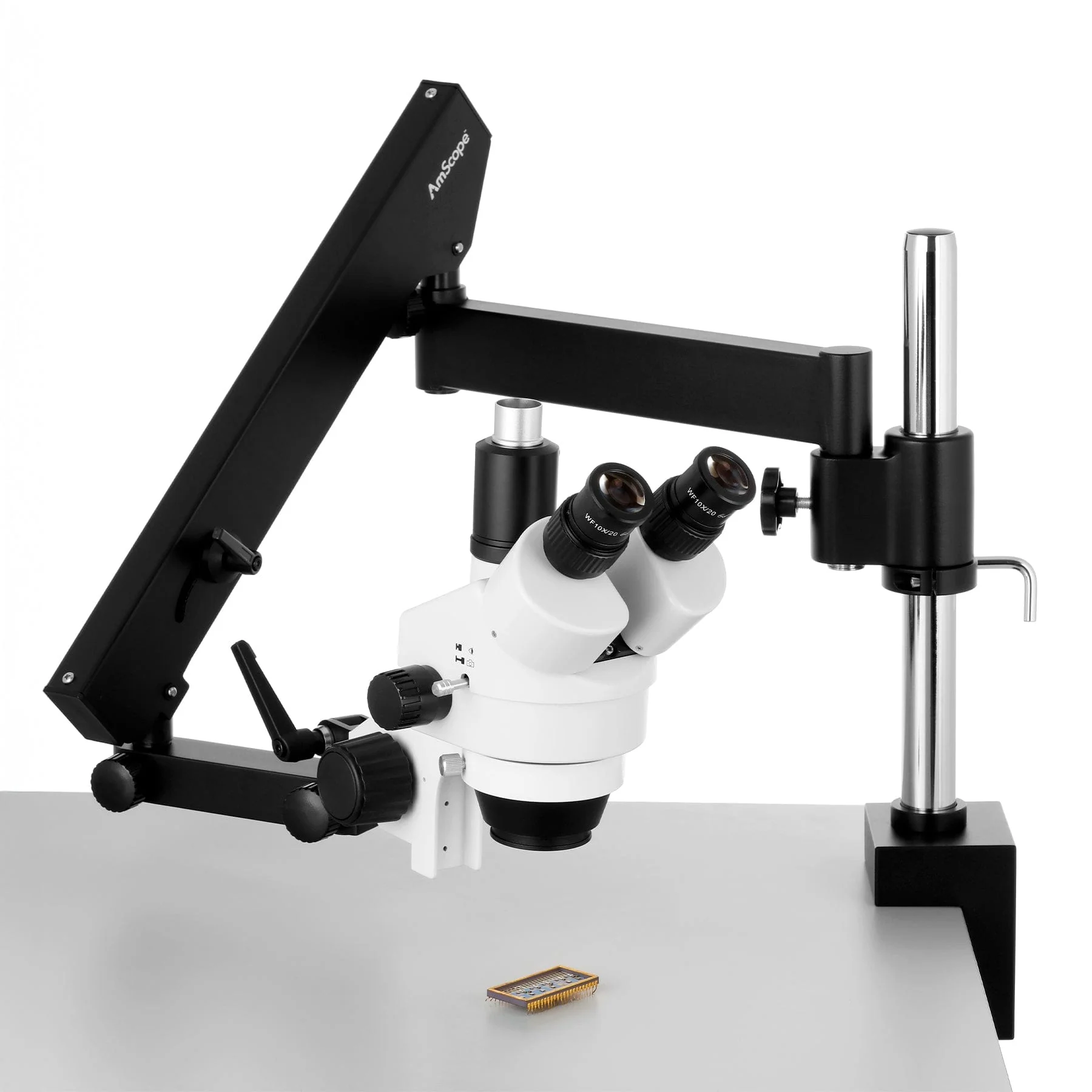 AmScope SM-8 Series Zoom Trinocular Stereo Microscope 3.5X-90X Magnification on Articulating Arm Pillar Clamp with 144-LED and 1.3MP Digital Camera - Image 6