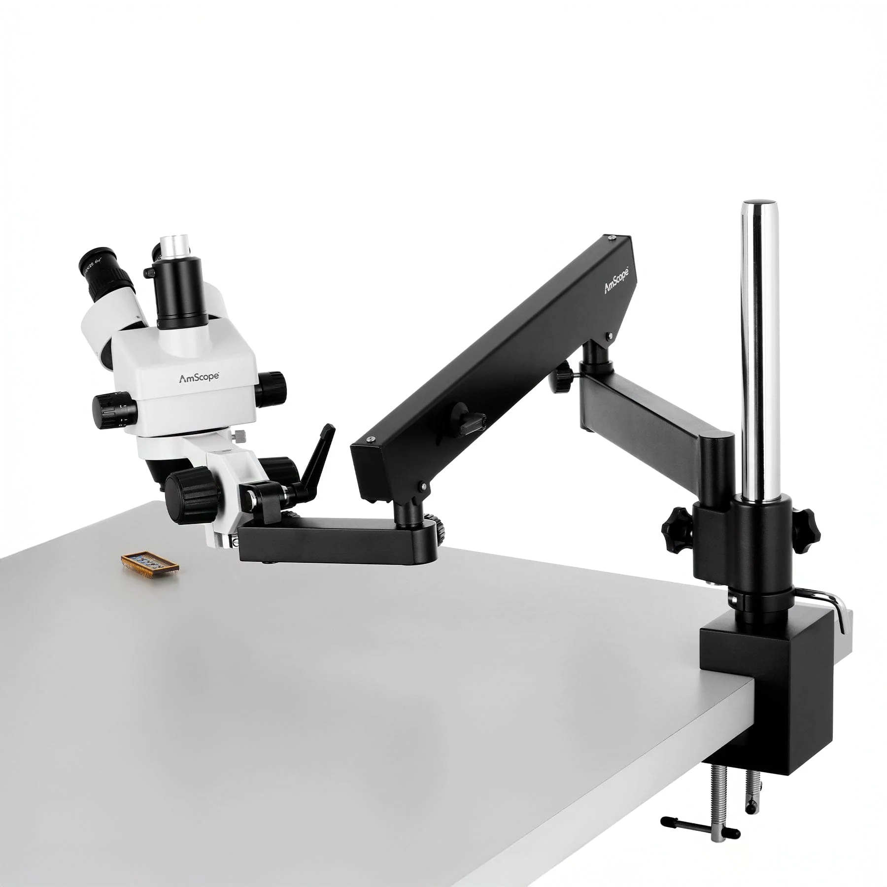 AmScope SM-8 Series Zoom Trinocular Stereo Microscope 3.5X-90X Magnification on Articulating Arm Pillar Clamp with 144-LED and 1.3MP Digital Camera - Image 8
