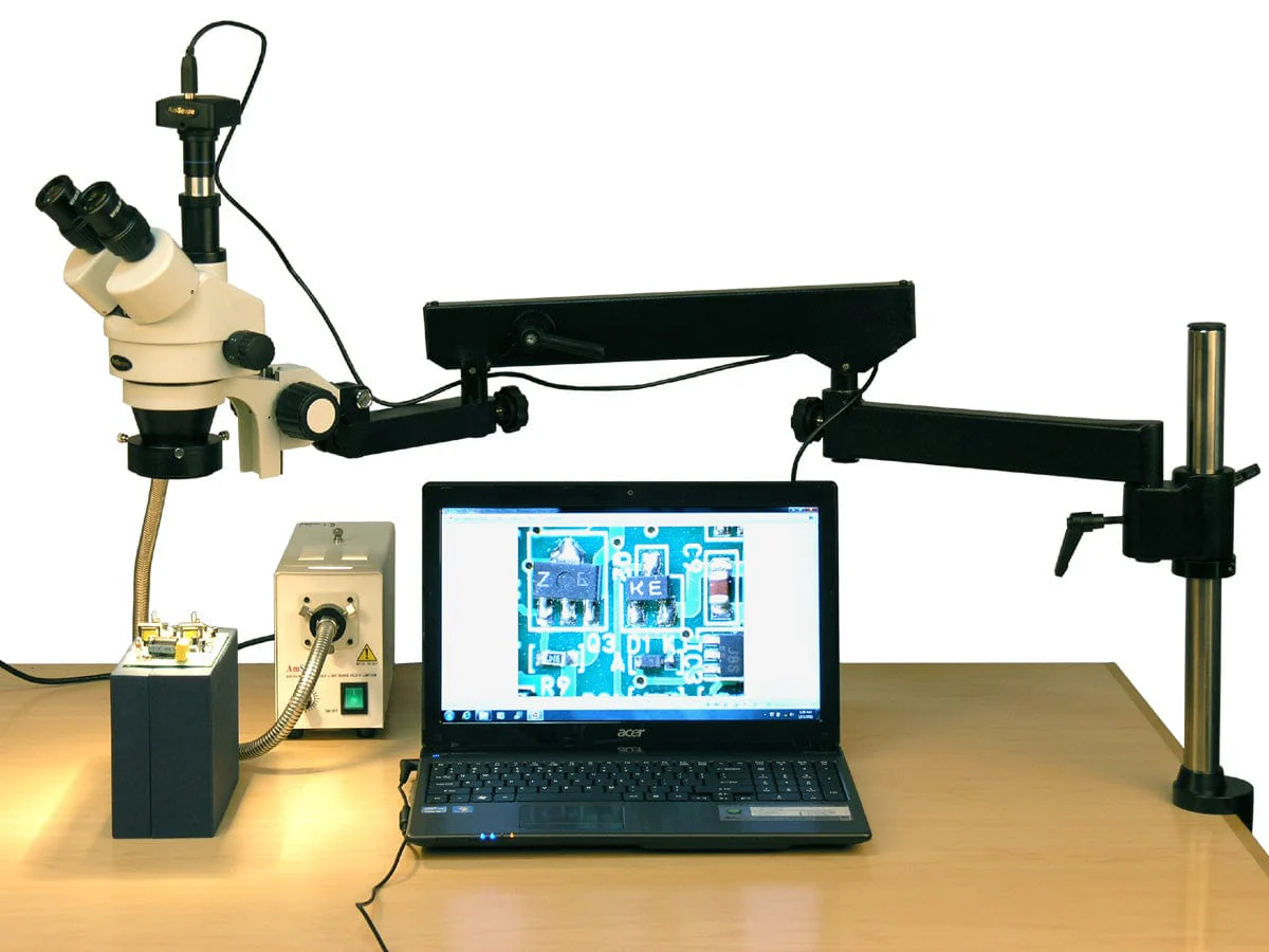 AmScope SM-8 Series Zoom Trinocular Stereo Microscope 3.5X-180X Magnification on Articulating Arm Pillar Clamp with 150W Fiber Optic Ring Light Adapter and 1.3MP Digital Camera - Image 11
