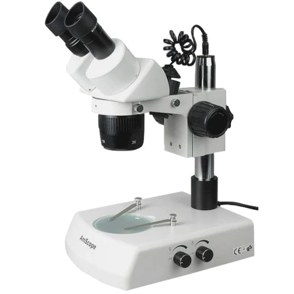 AmScope SW-2 Series Super Widefield Binocular Stereo Microscope 10X-20X-30X-60X Magnification on Pillar Stand with Top & Bottom Lights