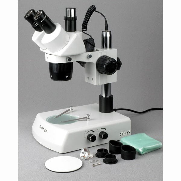 AmScope SW-2 Series Super Widefield Trinocular Stereo Microscope 5X-10X-15X-30X Magnification on Track Stand with Top & Bottom Lights - Image 3