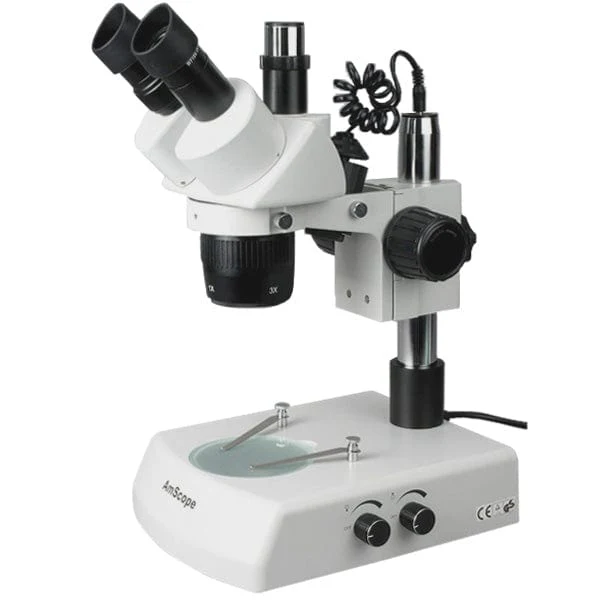 AmScope SW-2 Series Super Widefield Trinocular Stereo Microscope 10X-20X-40X Magnification on Track Stand with Top & Bottom Light