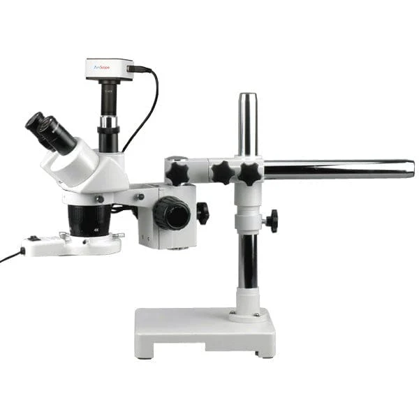 AmScope SW-3 Series Trinocular Stereo Microscope 20X & 40X Magnification on Single Arm Boom Stand with Fluorescent Light and 5MP Camera