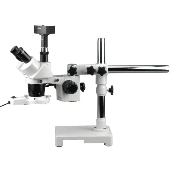 AmScope SW-3 Series Trinocular Stereo Microscope 20X & 40X Magnification on Single Arm Boom Stand with Fluorescent Light and 1.3MP Camera