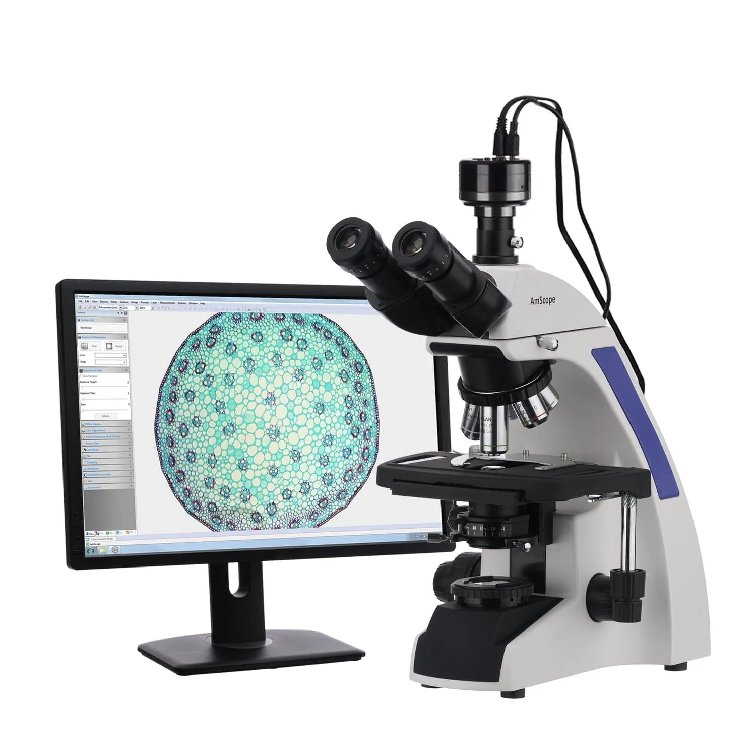 AmScope T720 Series Quintuple Plan Infinity Kohler Laboratory Trinocular Compound Microscope 40X-1000X Magnification With HD Recording Camera