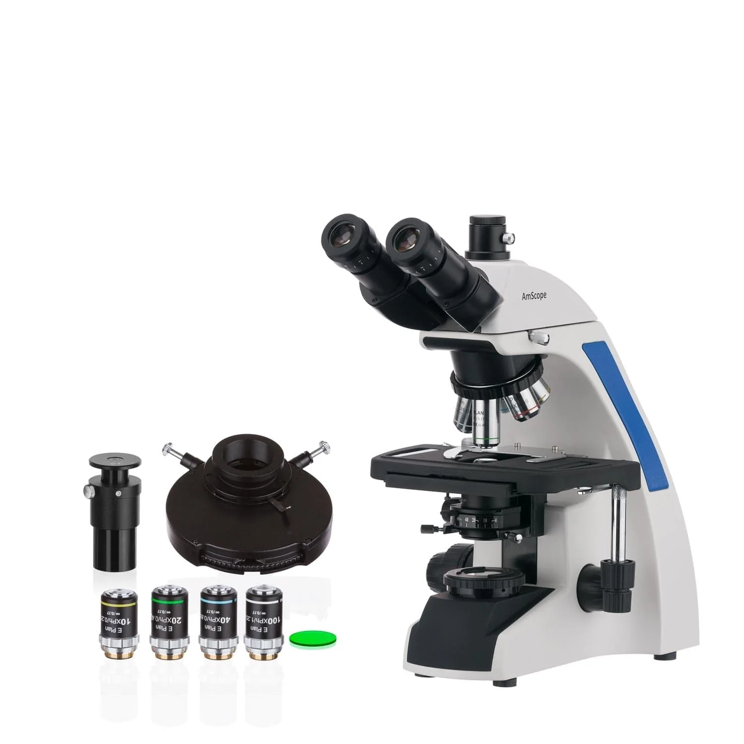 AmScope T720 Series Quintuple Brightfield Phase Contrast Plan Infinity Kohler Laboratory Trinocular Compound Microscope 40X-1500X Magnification