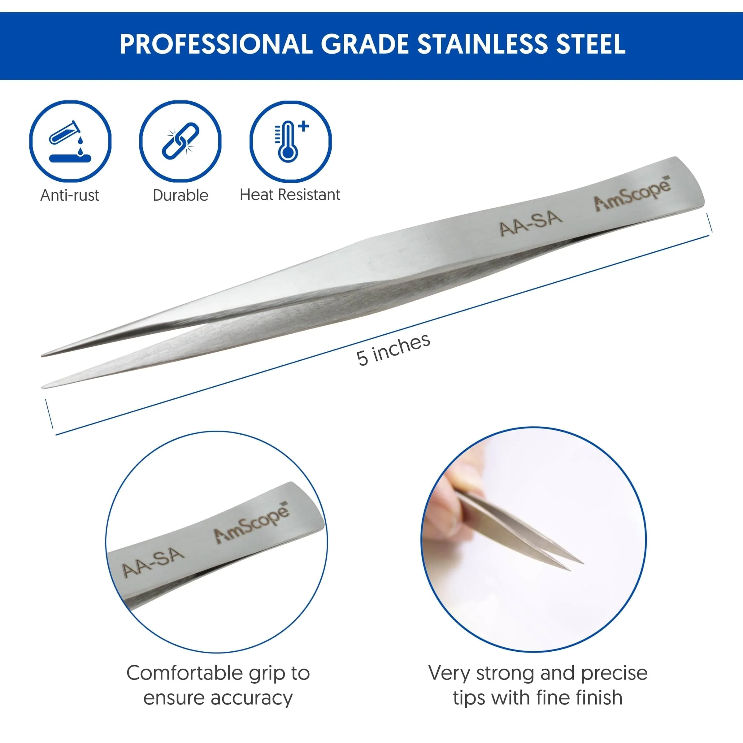 AmScope High Precision 5-inch Straight Precise Tip Tweezers - Image 4