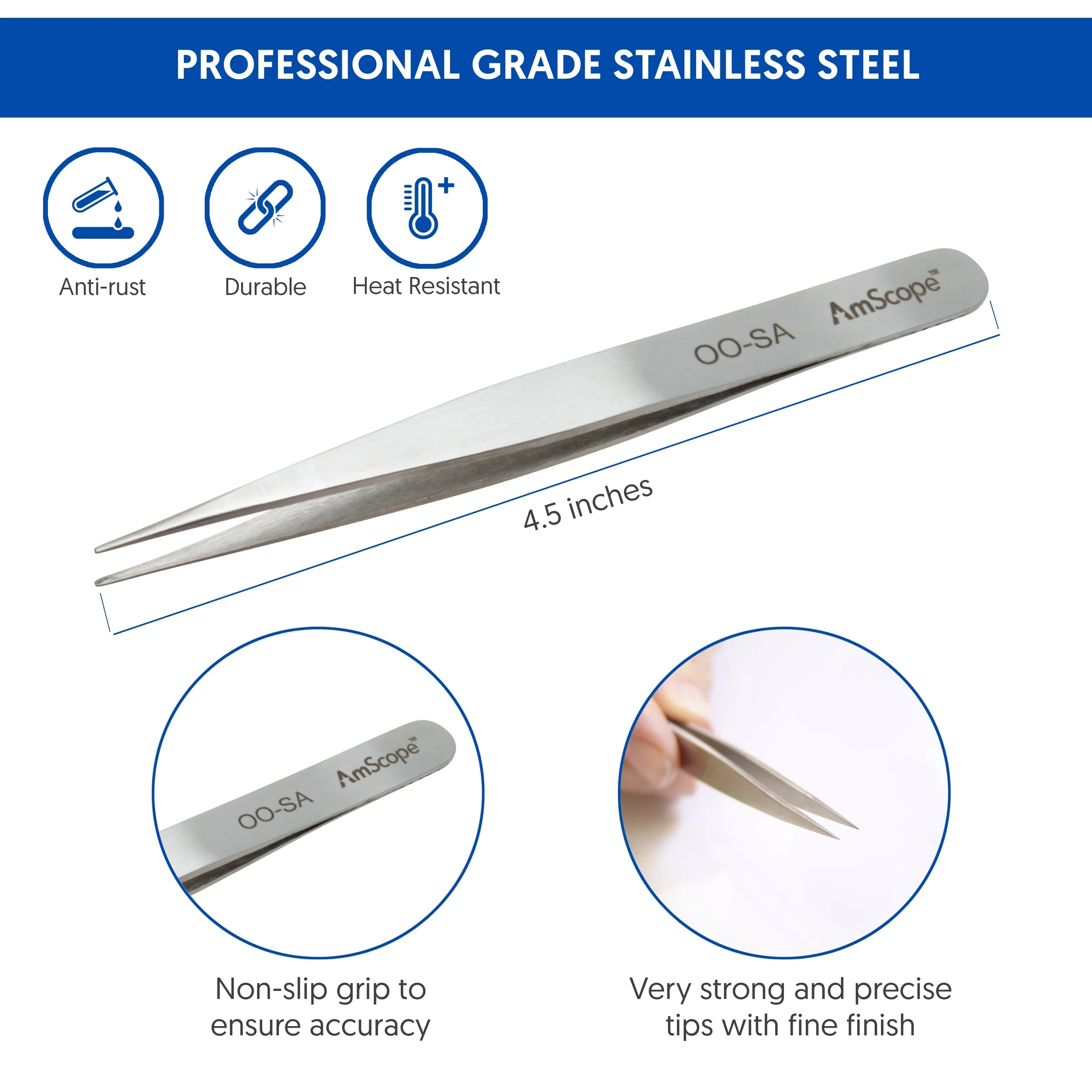 AmScope High Precision 4 1/2 in. Straight Flat Edge Tweezers - Image 2