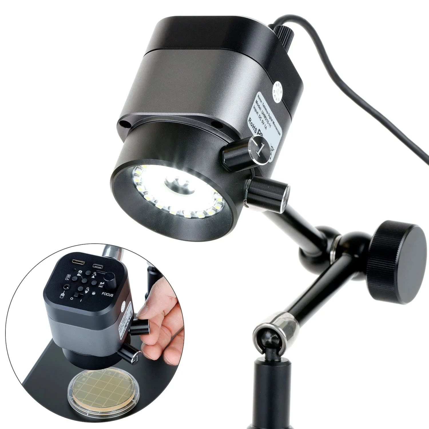 AmScope UHM210 Series 1080p 2.0MP HDMI Digital Microscope on 11" Articulating Arm - Image 3