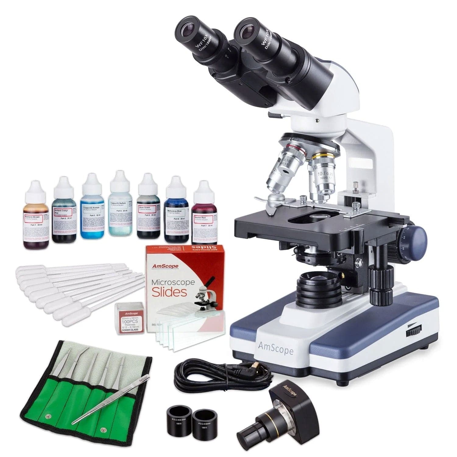 AmScope B120 Series Student & Professional LED Binocular Compound Microscope Value Bundle 40X-2500X Magnification with 3D Stage, 5MP Digital Camera and Vital Stain Kit for Living Cells