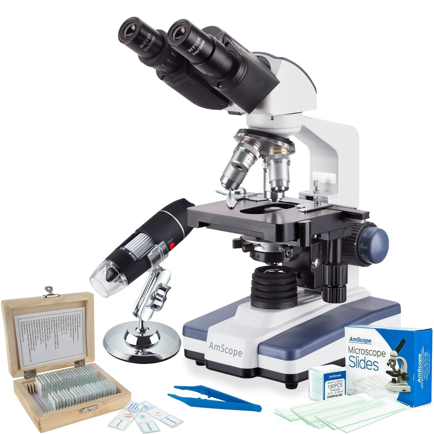 AmScope B120 Binocular Compound Microscope Bundle – 40X–2500X, 3D Stage, Slides, Tweezers & Bonus USB Digital Microscope