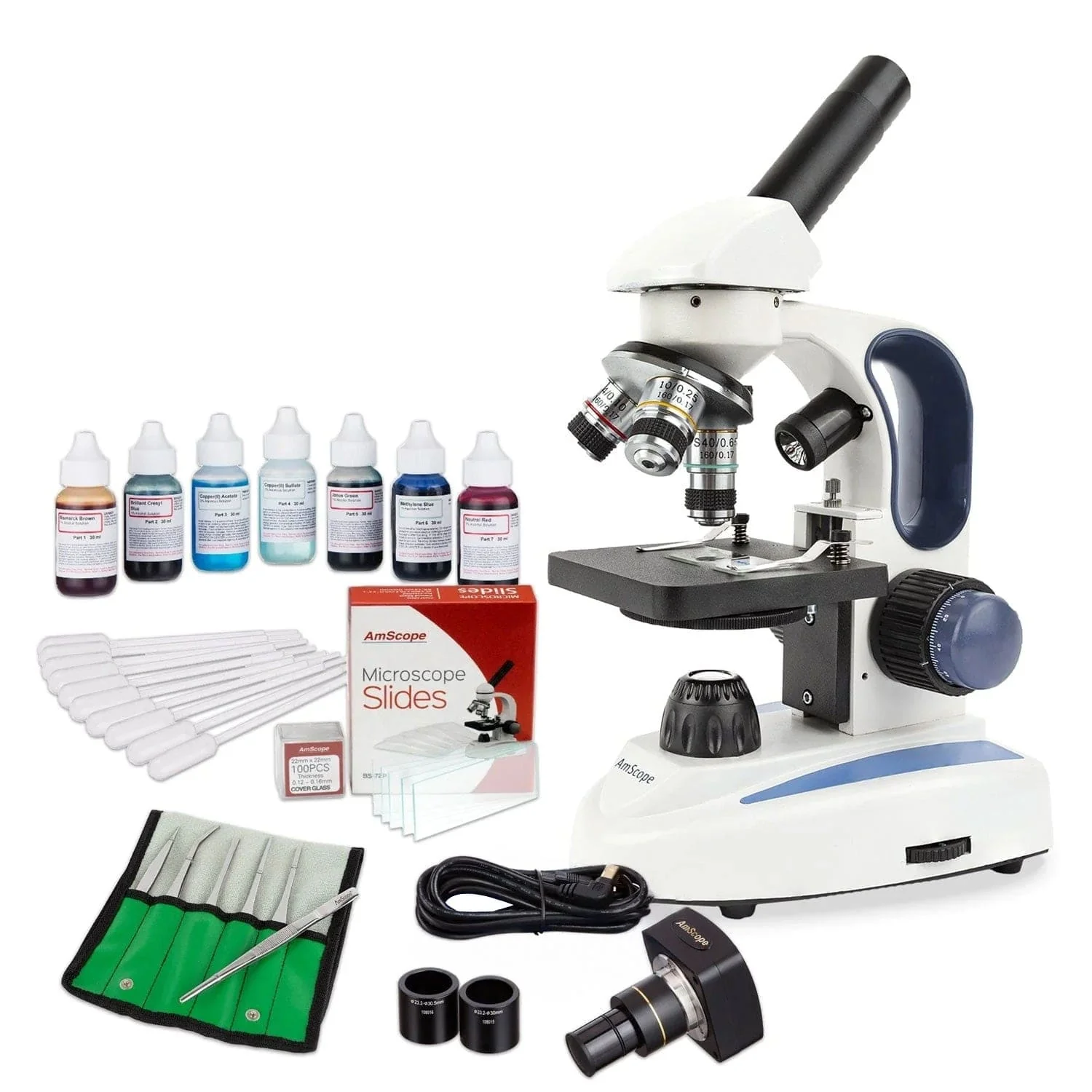 AmScope M158 Series Value Bundle Cordless Metal Frame Monocular Compound Microscope 40X-1000X Magnification with LED, Course and Fine Focus, 5MP Digital Camera and Vital Stain Kit for Living Cells