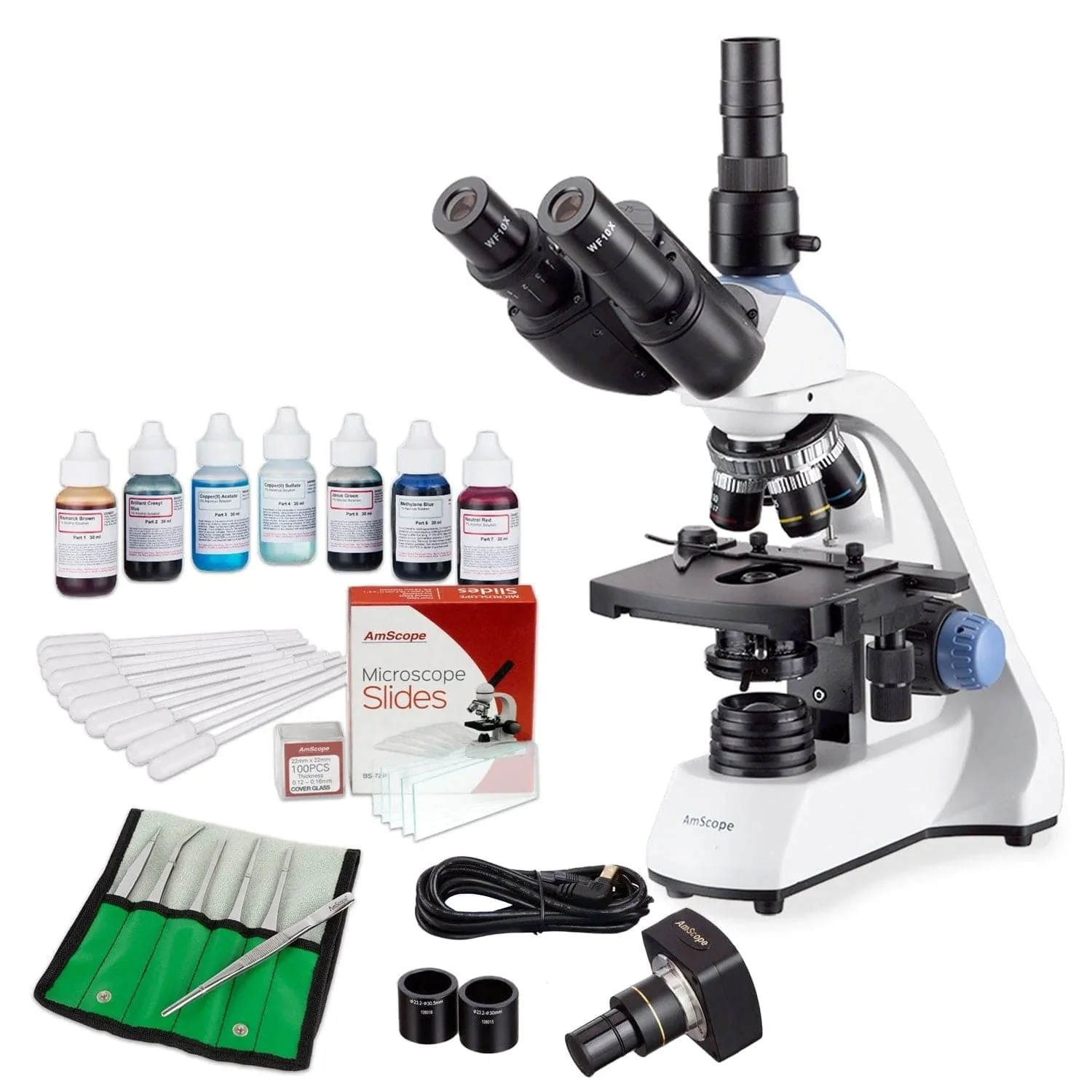 AmScope T250 Series LED Trinocular Compound Microscope Value Bundle 40X-2500X Magnification with 3D Two-Layer Mechanical Stage, 5MP Digital Camera and Vital Stain Kit for Living Cells