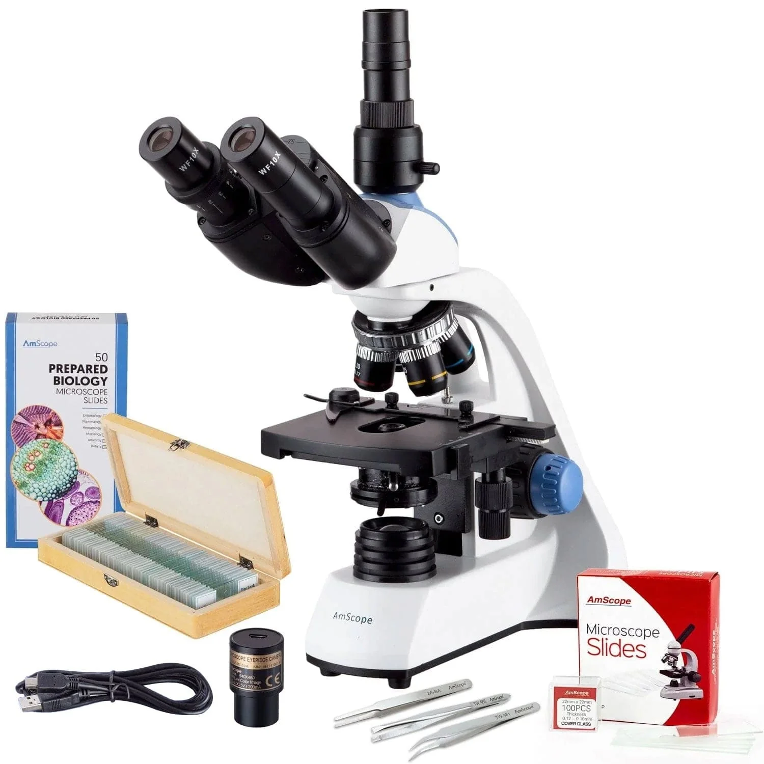 AmScope T250 Series Value Bundle Trinocular Compound Microscope 40X-2500X Magnification with LED, 3D Two-Layer Mechanical Stage, 5MP Digital Camera, 50-Piece Prepared Slides Set, and 3-Piece Precision Tweezers Set