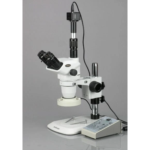AmScope ZM-1 Series Zoom Trinocular Stereo Microscope 3.35X-225X Magnification on Pillar Stand with 80-LED Light + 5MP Digital Camera - Image 4