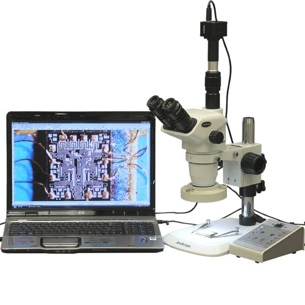 AmScope ZM-1 Series Zoom Trinocular Stereo Microscope 3.35X-225X Magnification on Pillar Stand with 80-LED Light + 9MP Digital Camera
