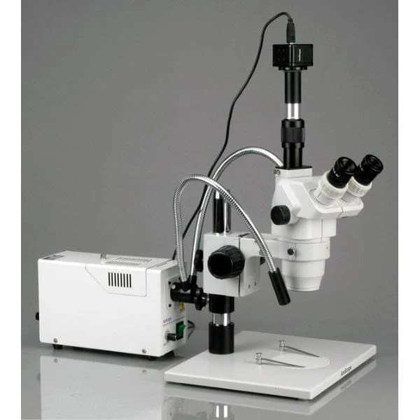 AmScope ZM-1 Series Ultimate Circuit Trinocular Zoom Stereo Microscope 2X-225X Magnification on Extra Large Stand with Fiber-Optic Dual-Gooseneck Light - Image 4