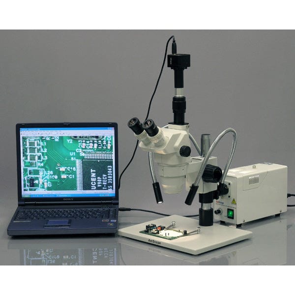 AmScope ZM-1 Series Ultimate Circuit Trinocular Zoom Stereo Microscope 2X-225X Magnification on Extra Large Stand with Fiber-Optic Dual-Gooseneck Light - Image 5