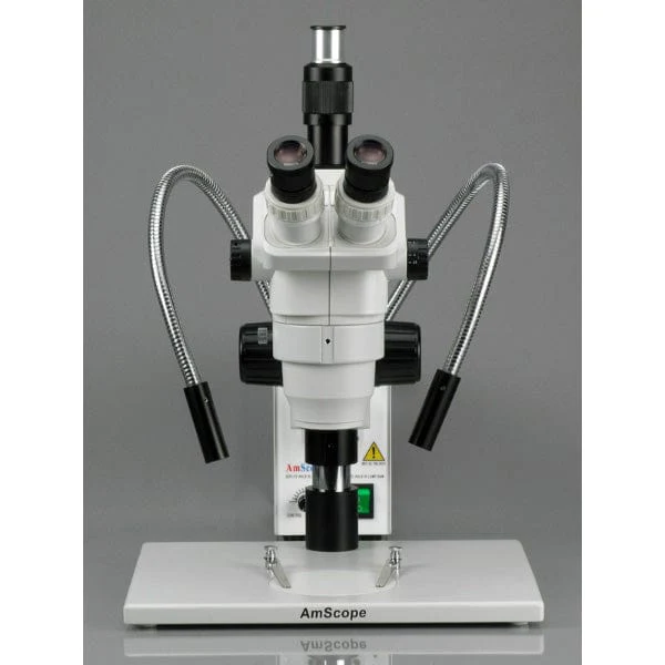 AmScope ZM-1 Series Manufacturing Inspection Zoom Trinocular Stereo Microscope 2X-225X Magnification on XL Pillar Stand with 8MP Camera and Fiber-Optic Dual-Gooseneck Light - Image 2