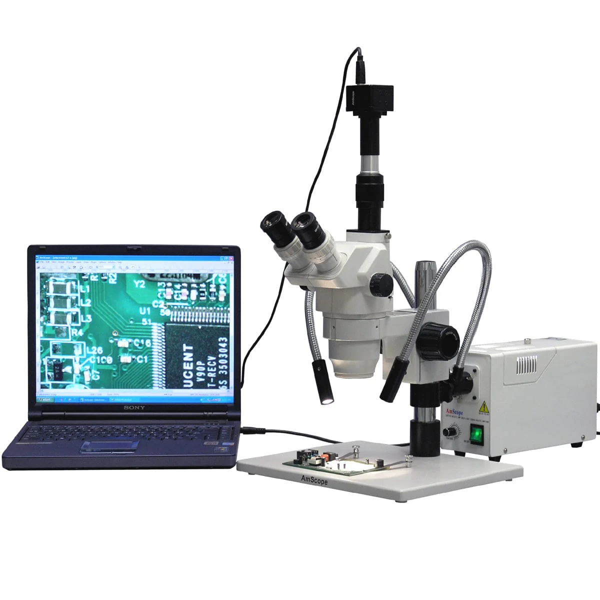 AmScope ZM-1 Series Ultimate Circuit Board Zoom Stereo Microscope 2X-225X Magnification on Large Pillar Stand with 1.3MP Camera and Fiber-Optic Dual-Gooseneck Light