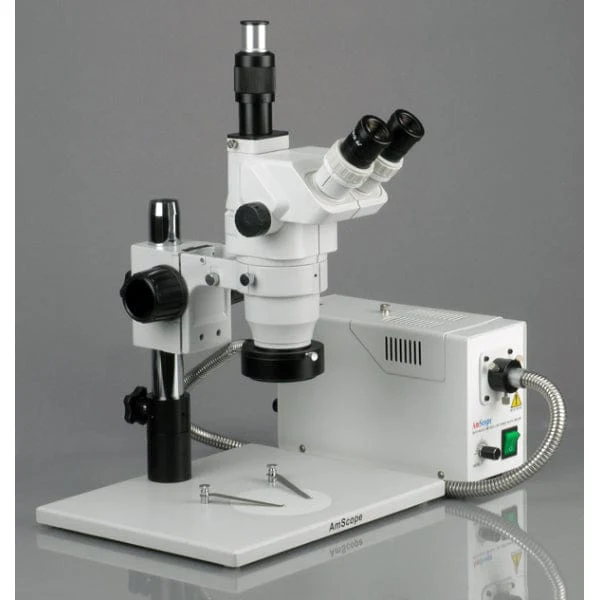 AmScope ZM-1 Series Inspection Trinocular Stereo Microscope 2X-225X Magnification on Pillar Stand with 5MP Digital Camera and Fiber Optic Ring Light - Image 3