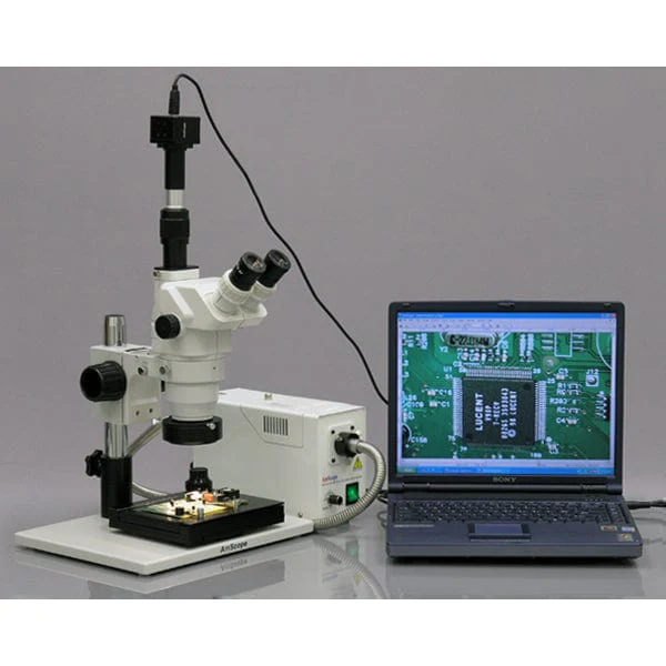 AmScope ZM-1 Series Inspection Trinocular Stereo Microscope 2X-225X Magnification on Pillar Stand with 5MP Digital Camera and Fiber Optic Ring Light - Image 4