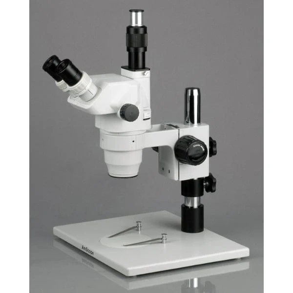 AmScope ZM-1 Series Zoom Trinocular Stereo Microscope 3.35X-90X Magnification on Pillar Stand with Fiber Optical Light - Image 4