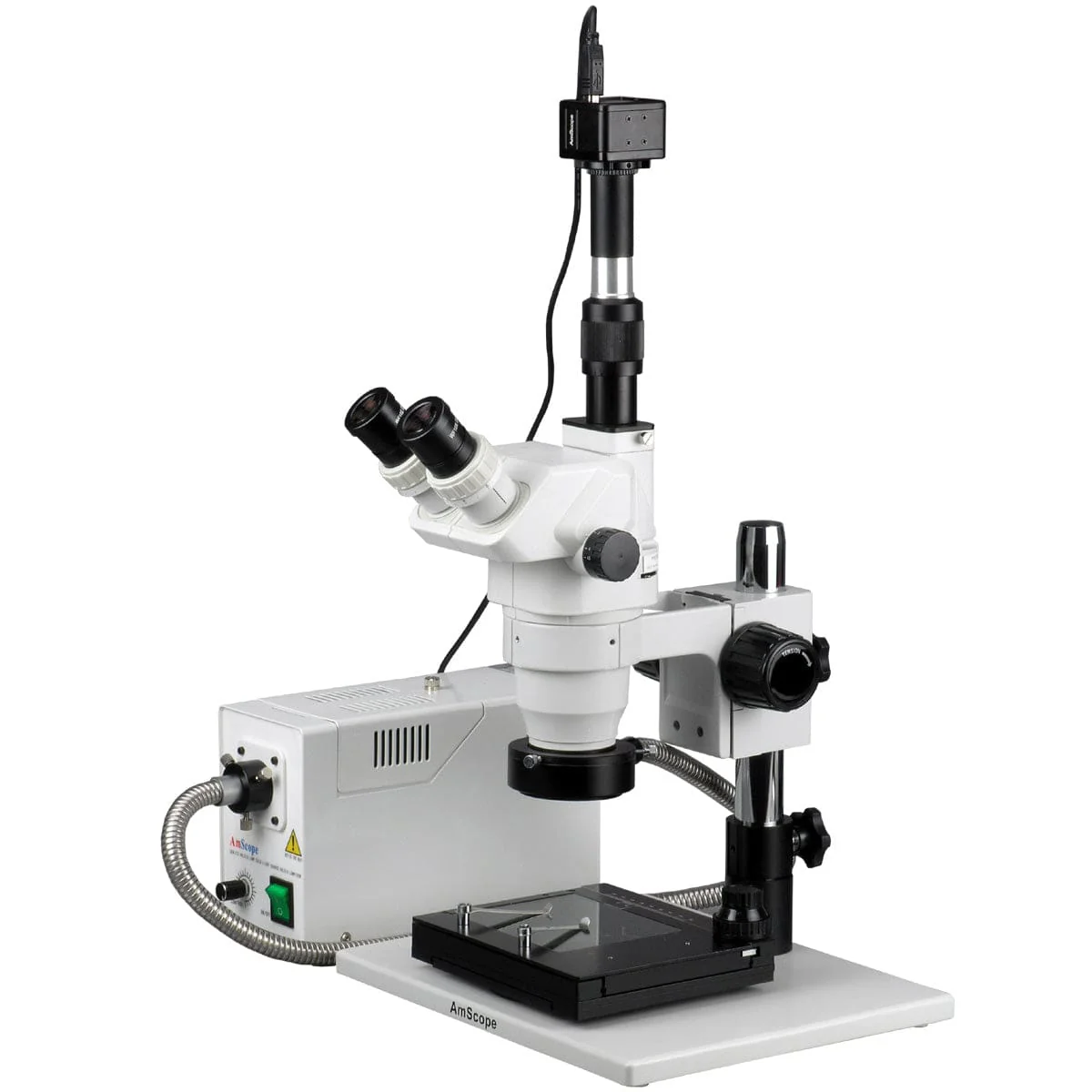 AmScope ZM-1 Series Zoom Industrial Inspection Trinocular Stereo Microscope 3.35X-90X Magnification on Pillar Stand with 1.3MP Digital Camera