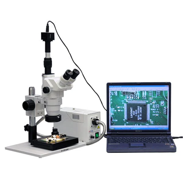AmScope ZM-1 Series Ultimate Zoom Trinocular Stereo Microscope 3.35X-180X Magnification on Pillar Stand with 9MP Camera and Fiber Ring Light