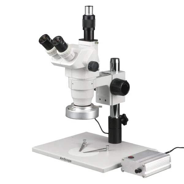 AmScope ZM-1 Series Zoom Trinocular Stereo Microscope 2X-180X Magnification on Pillar Stand with 80-LED Aluminum Ring Light