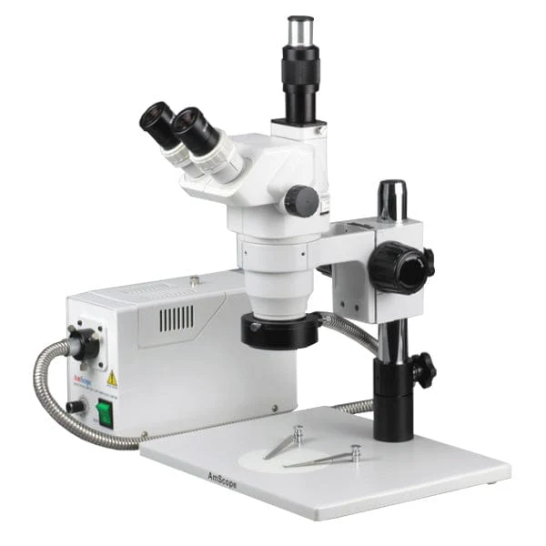 AmScope ZM-1 Series Zoom Trinocular Stereo Microscope 2X-180X Magnification on Pillar Stand with Fiber Optical Ring Light