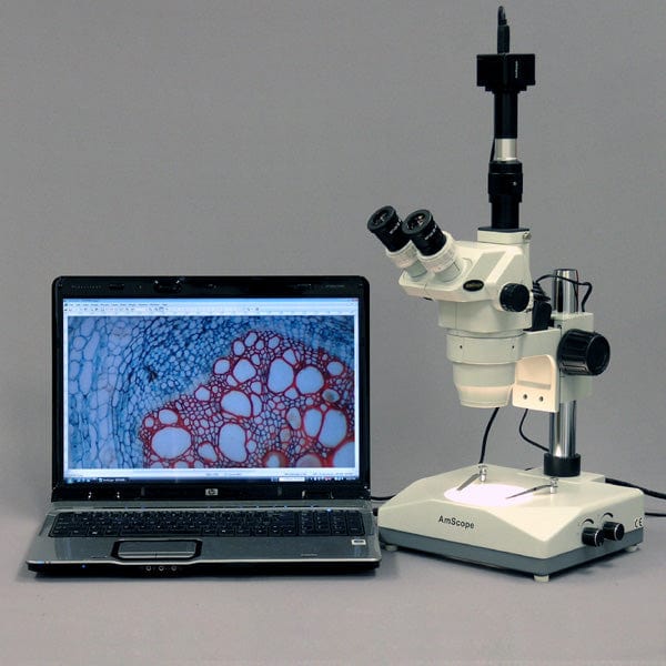 AmScope ZM-2 Series Ultimate Zoom Trinocular Microscope 3.35X-45X Magnification on Pillar Stand with Two Lights - Image 5