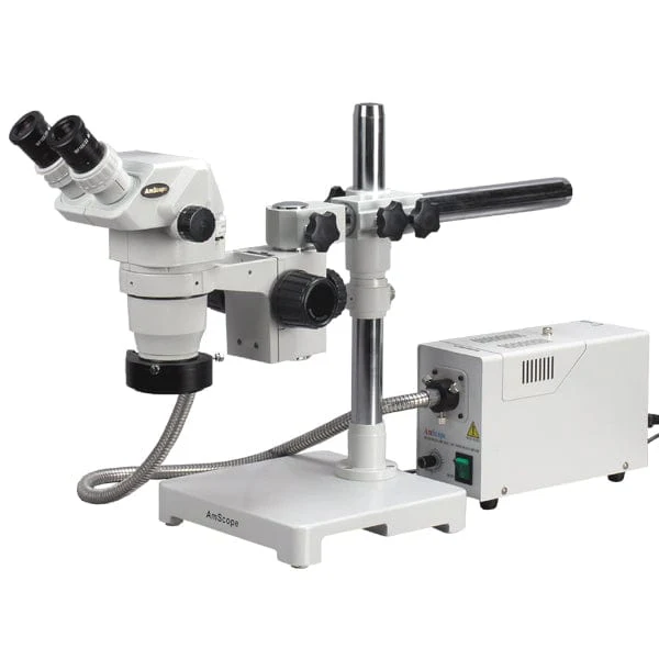 AmScope ZM-3 Series Ultimate Zoom Binocular Stereo Microscope 6.7X-45X Magnification on Double Arm Boom Stand with Fiber Optic Ring Light