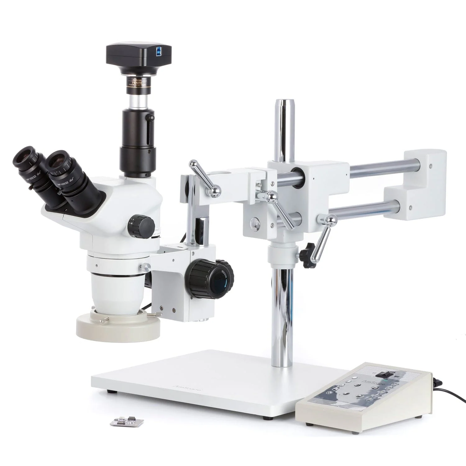AmScope ZM-4 Series Premium Trinocular Stereo Microscope 2X-90X Magnification on Double-arm Boom-stand with 80-LED Multi-zone Heavy-duty Ring-light + 3MP USB 3.0 C-mount Camera