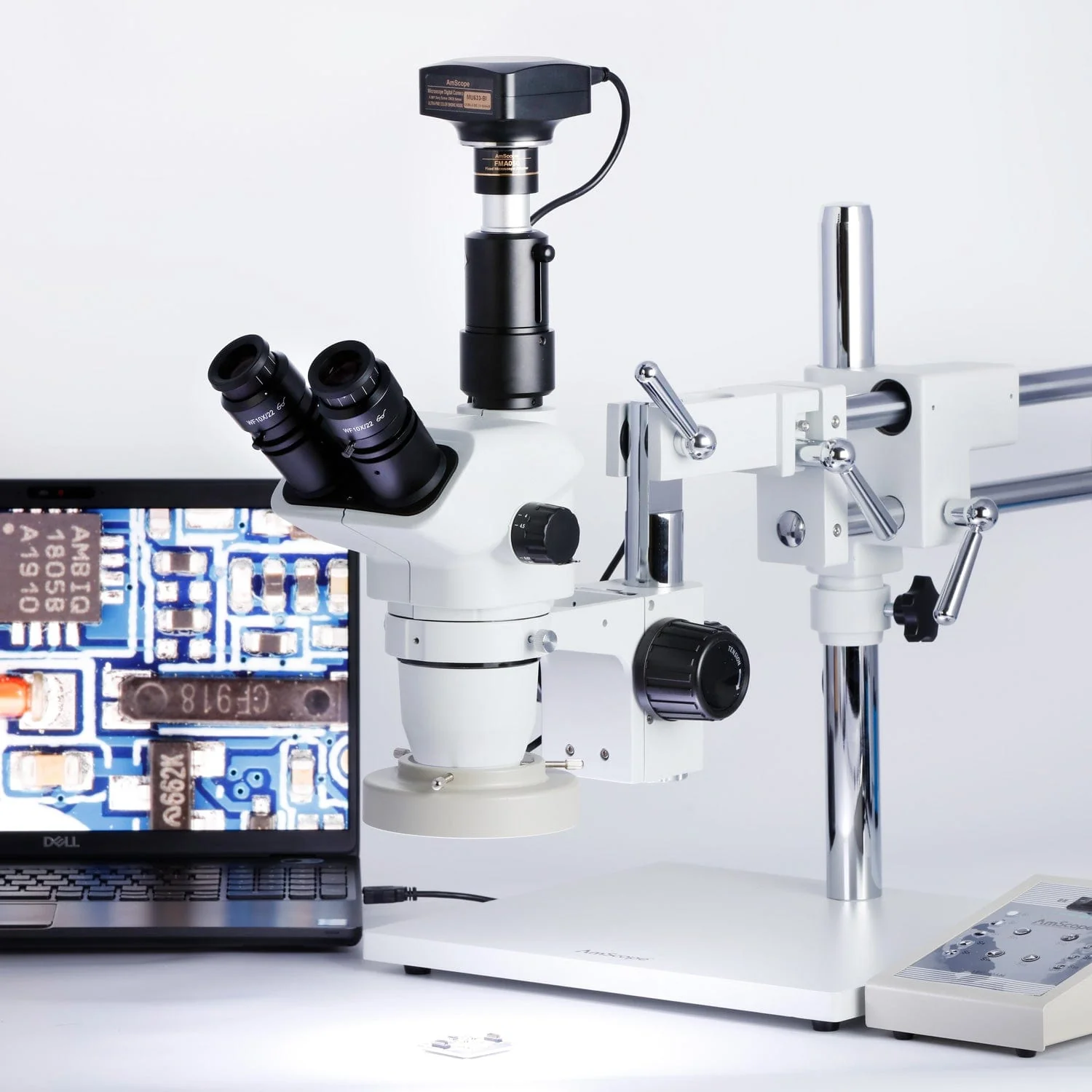 AmScope ZM-4 Series Premium Trinocular Stereo Microscope 2X-90X Magnification on Double-arm Boom-stand with 80-LED Multi-zone Heavy-duty Ring-light + 3MP USB 3.0 C-mount Camera - Image 3